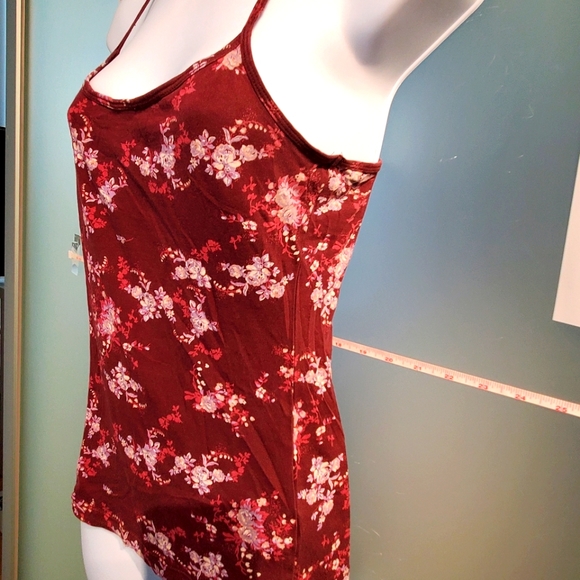 Chic Floral Tank Top, Burgundy w/ White & Pink Flowers, Stretchy, Thin Staps - Picture 5 of 8